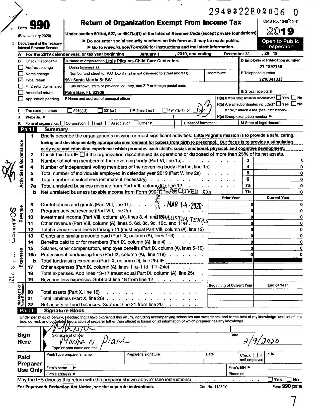 Image of first page of 2019 Form 990 for Little Pilgrims Child Care Center