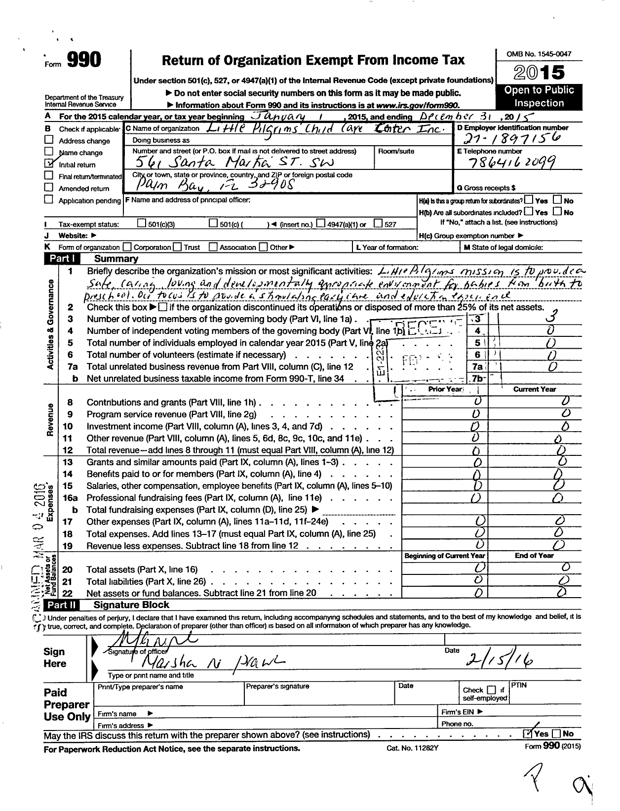 Image of first page of 2015 Form 990O for Little Pilgrims Child Care Center