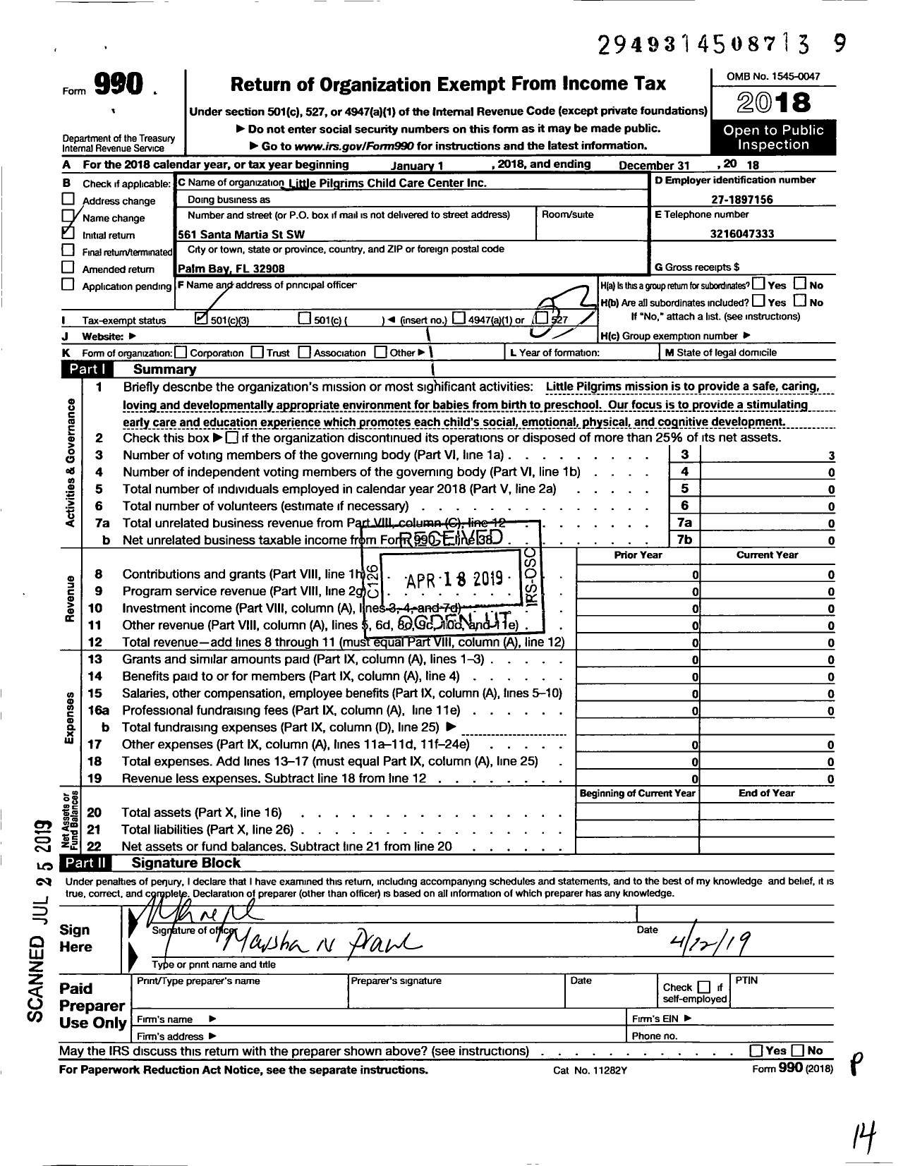 Image of first page of 2018 Form 990 for Little Pilgrims Child Care Center