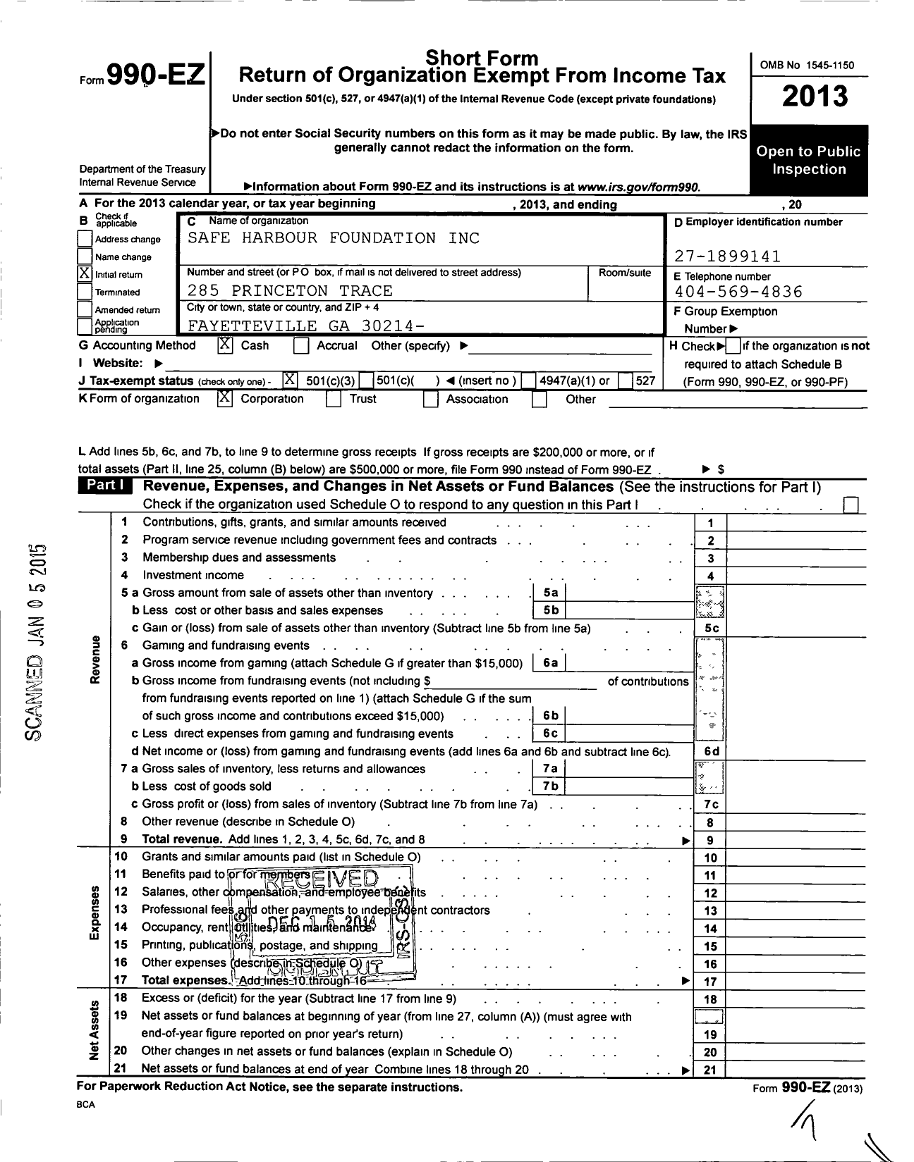 Image of first page of 2013 Form 990EZ for Safe Harbor Foundation Incorporated