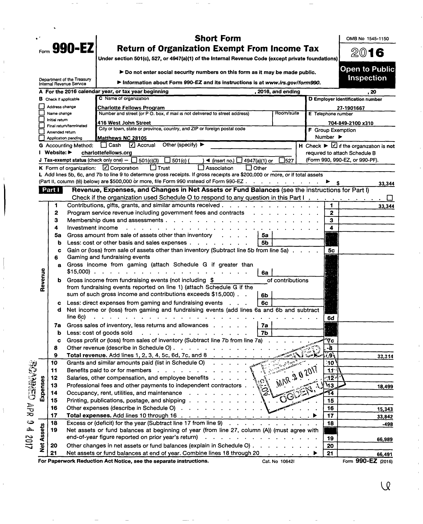 Image of first page of 2016 Form 990EO for Charlotte Fellows Program