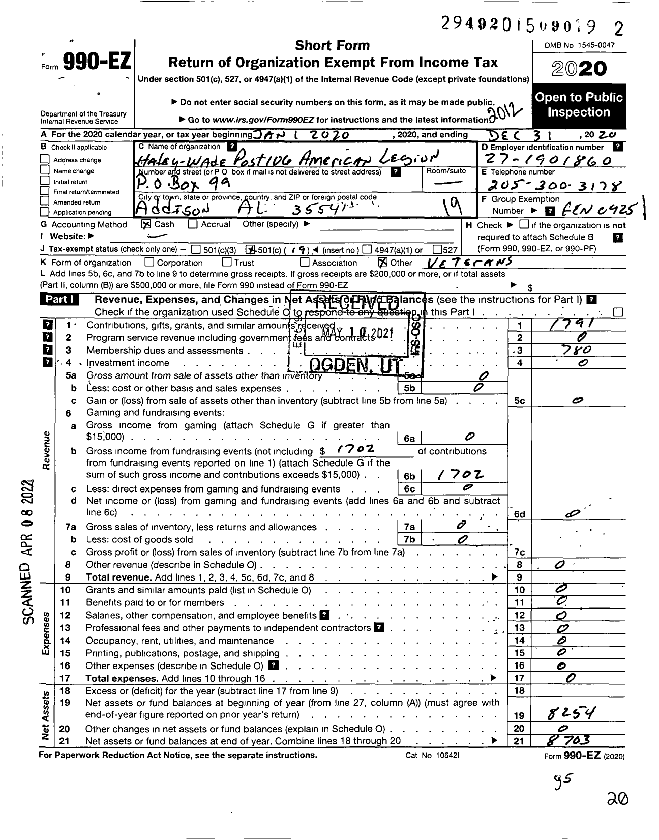 Image of first page of 2020 Form 990EO for Haley-Wade Post 106 American Legion