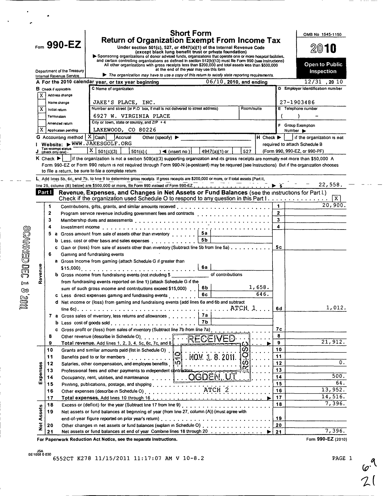 Image of first page of 2010 Form 990EZ for Jake's Place