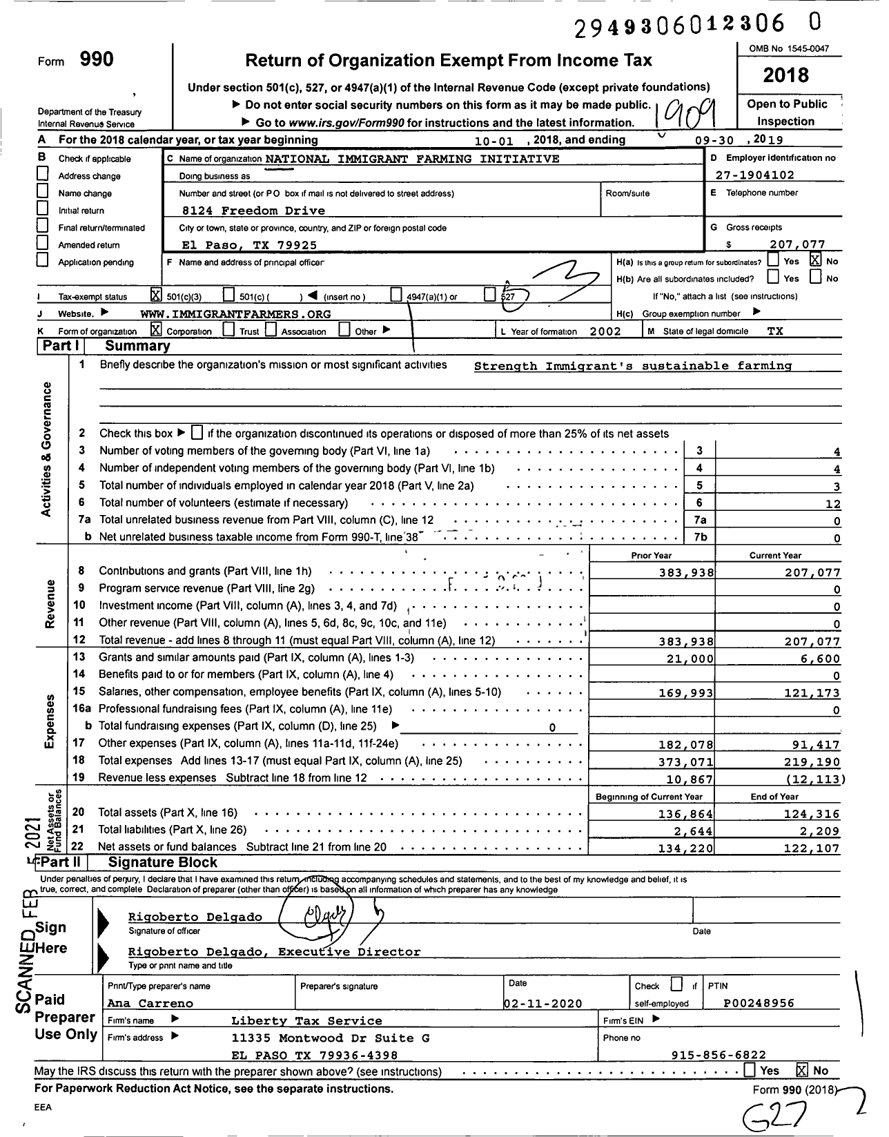 Image of first page of 2018 Form 990 for National Immigrant Farming Initiative