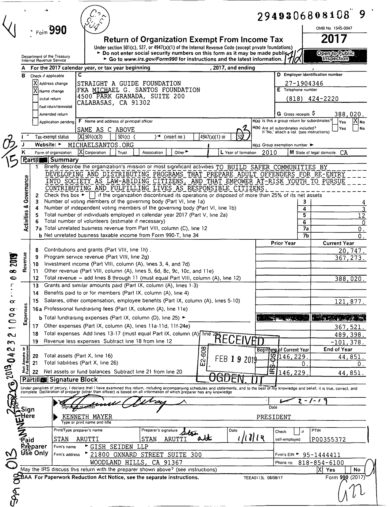 Image of first page of 2017 Form 990 for Straight A Guide Foundation