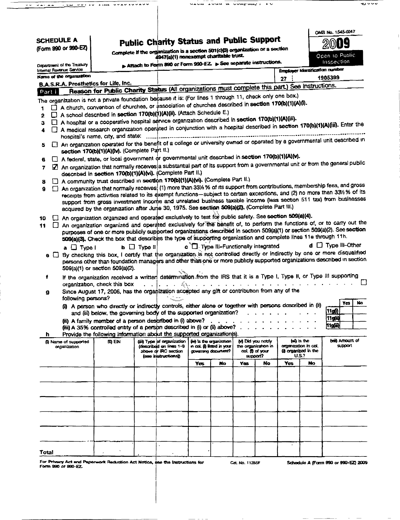 Image of first page of 2009 Form 990EOR for Basra Prosthetics for Life