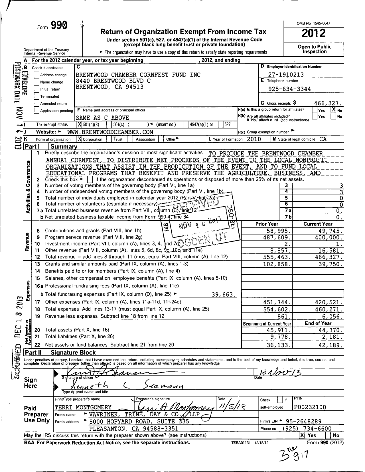 Image of first page of 2012 Form 990 for Brentwood Chamber Cornfest Fund