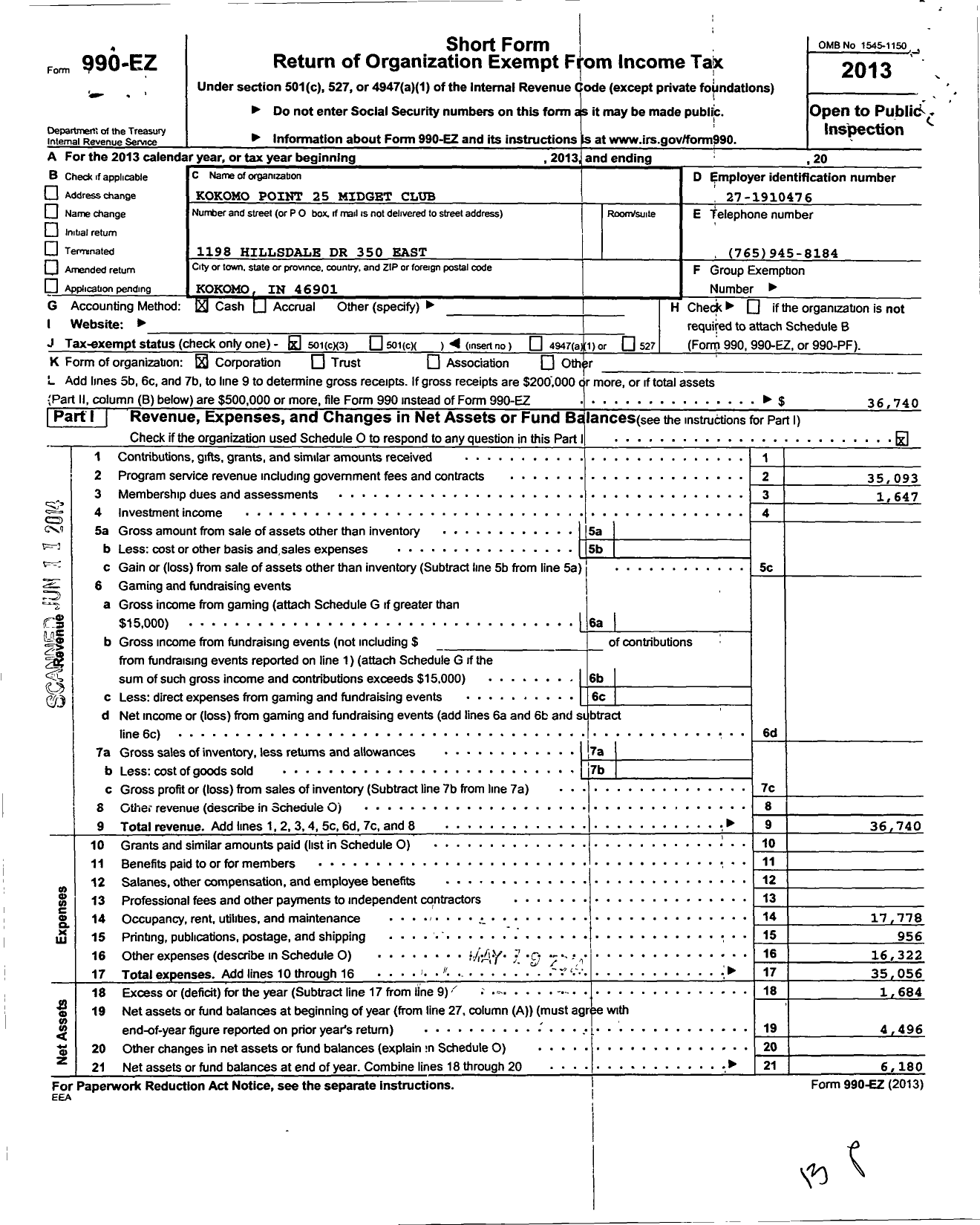 Image of first page of 2013 Form 990EZ for Kokomo Point 25 Midget Club