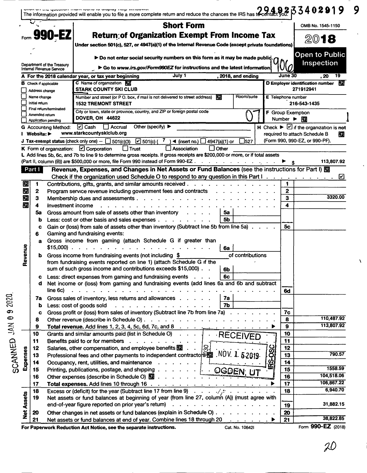 Image of first page of 2018 Form 990EO for Stark County Ski Club