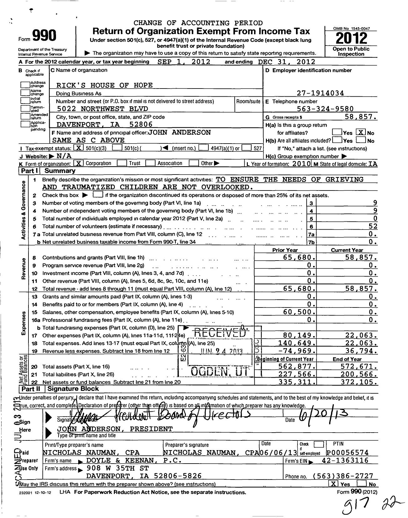 Image of first page of 2012 Form 990 for Rick's House of Hope