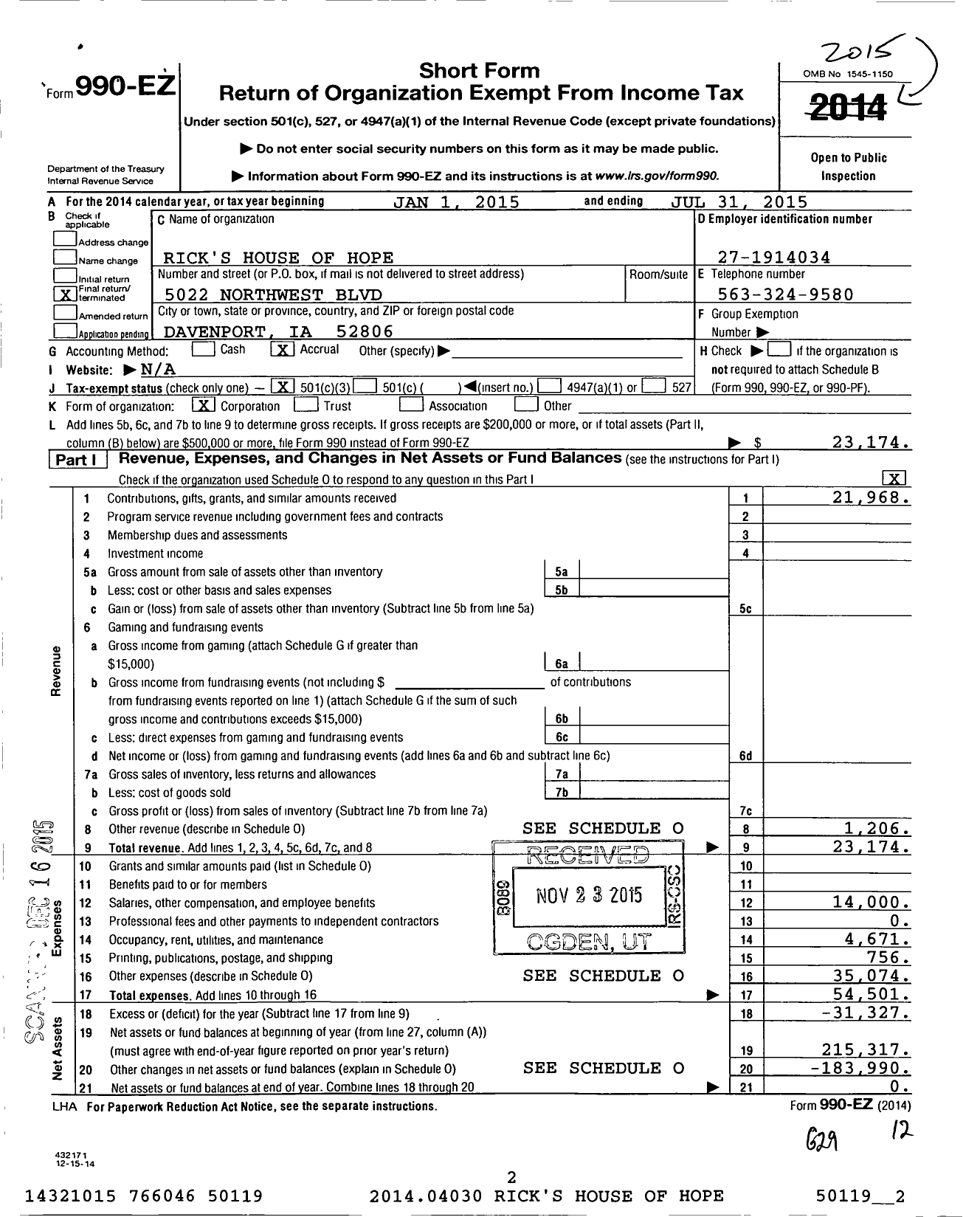 Image of first page of 2014 Form 990EZ for Rick's House of Hope