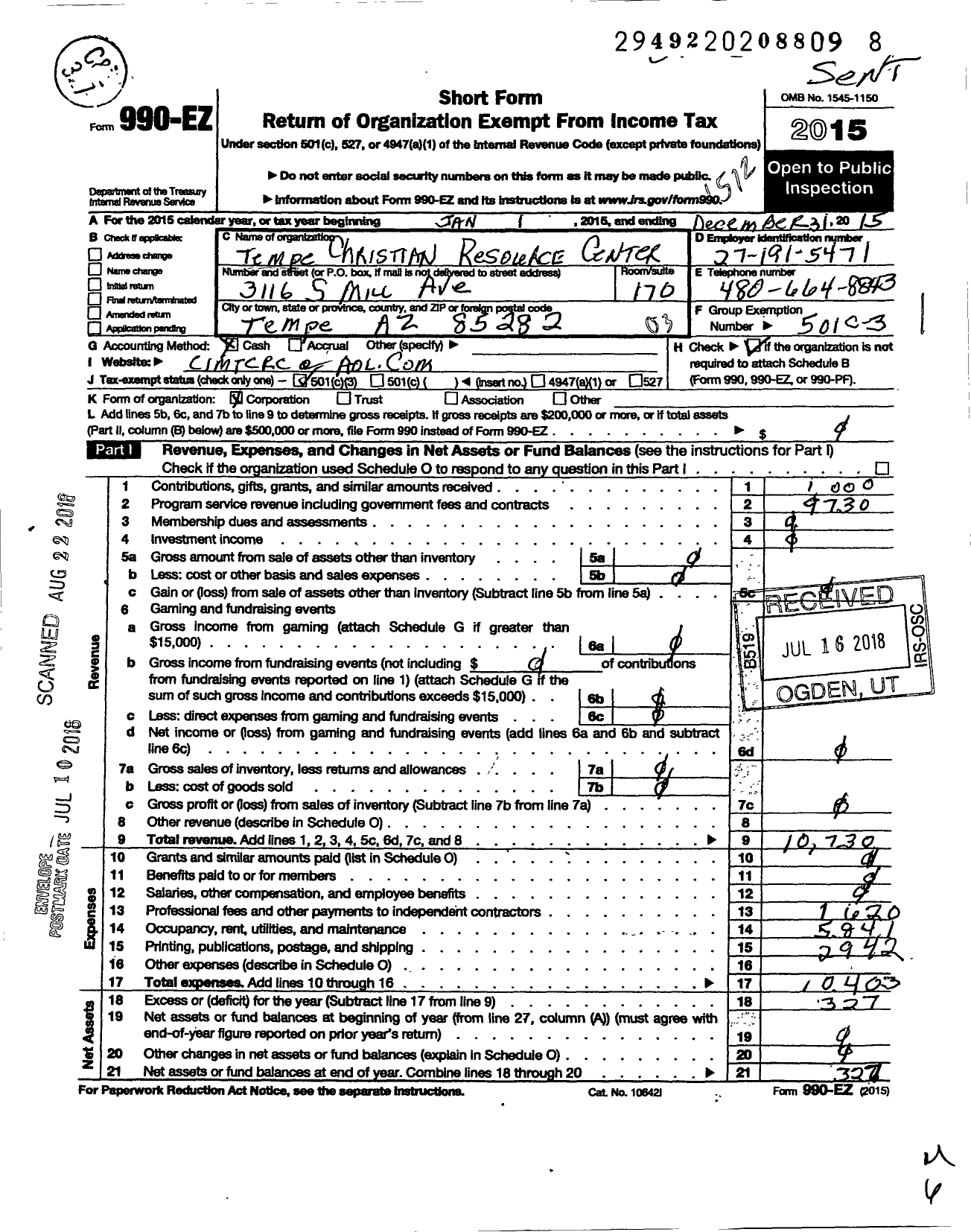 Image of first page of 2015 Form 990EZ for Tempe Christian Resource Center (TCRC)