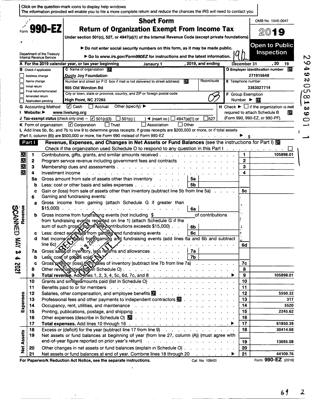 Image of first page of 2019 Form 990EZ for LiveLung