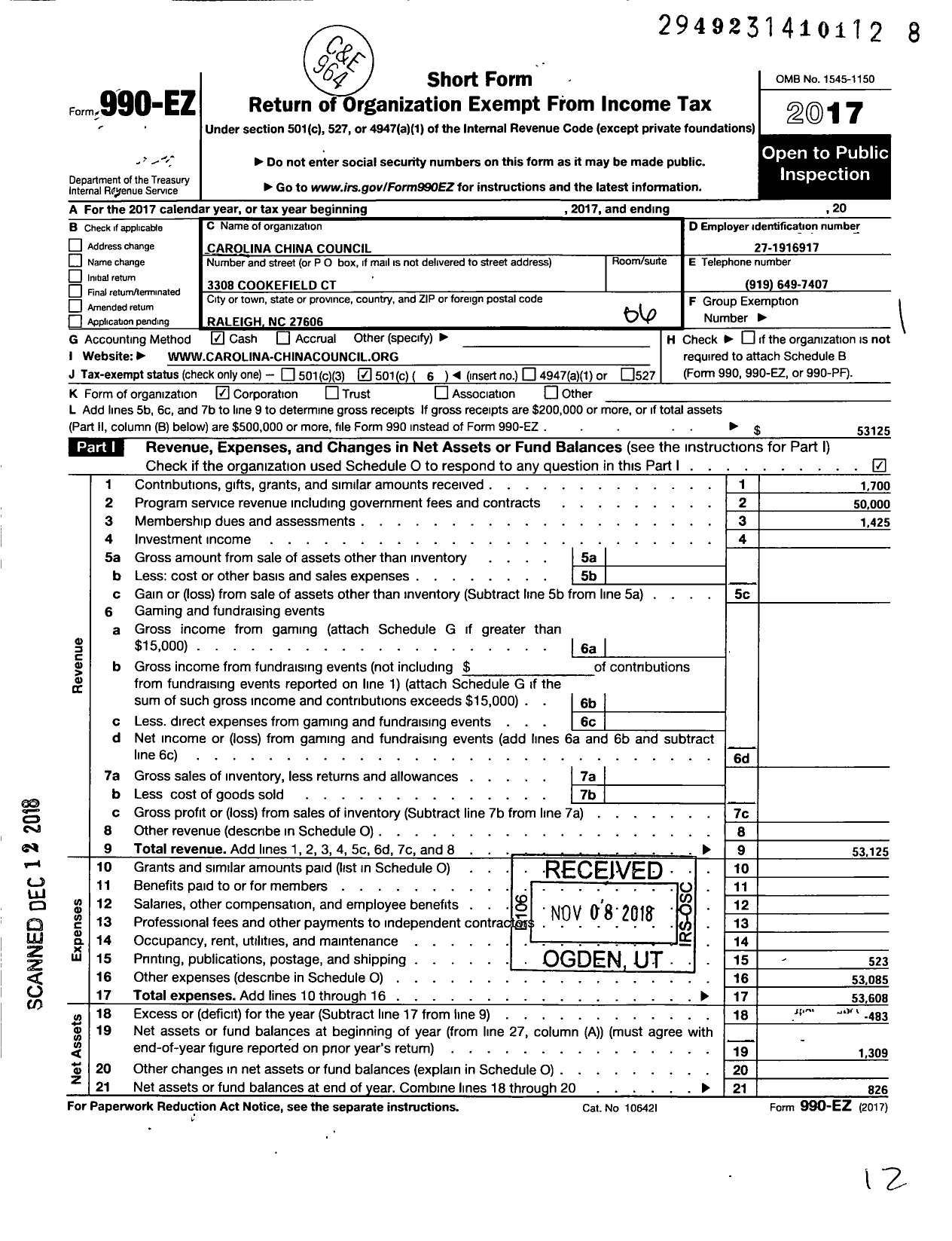 Image of first page of 2017 Form 990EO for Carolina China Council