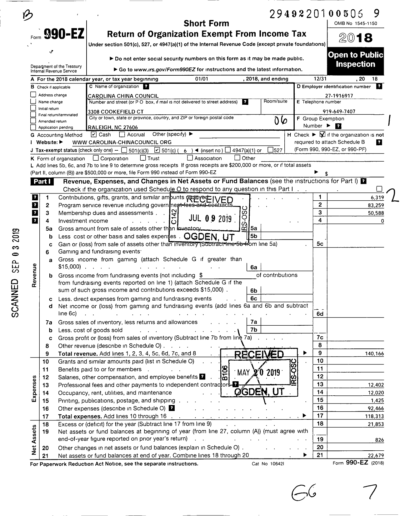 Image of first page of 2018 Form 990EO for Carolina China Council