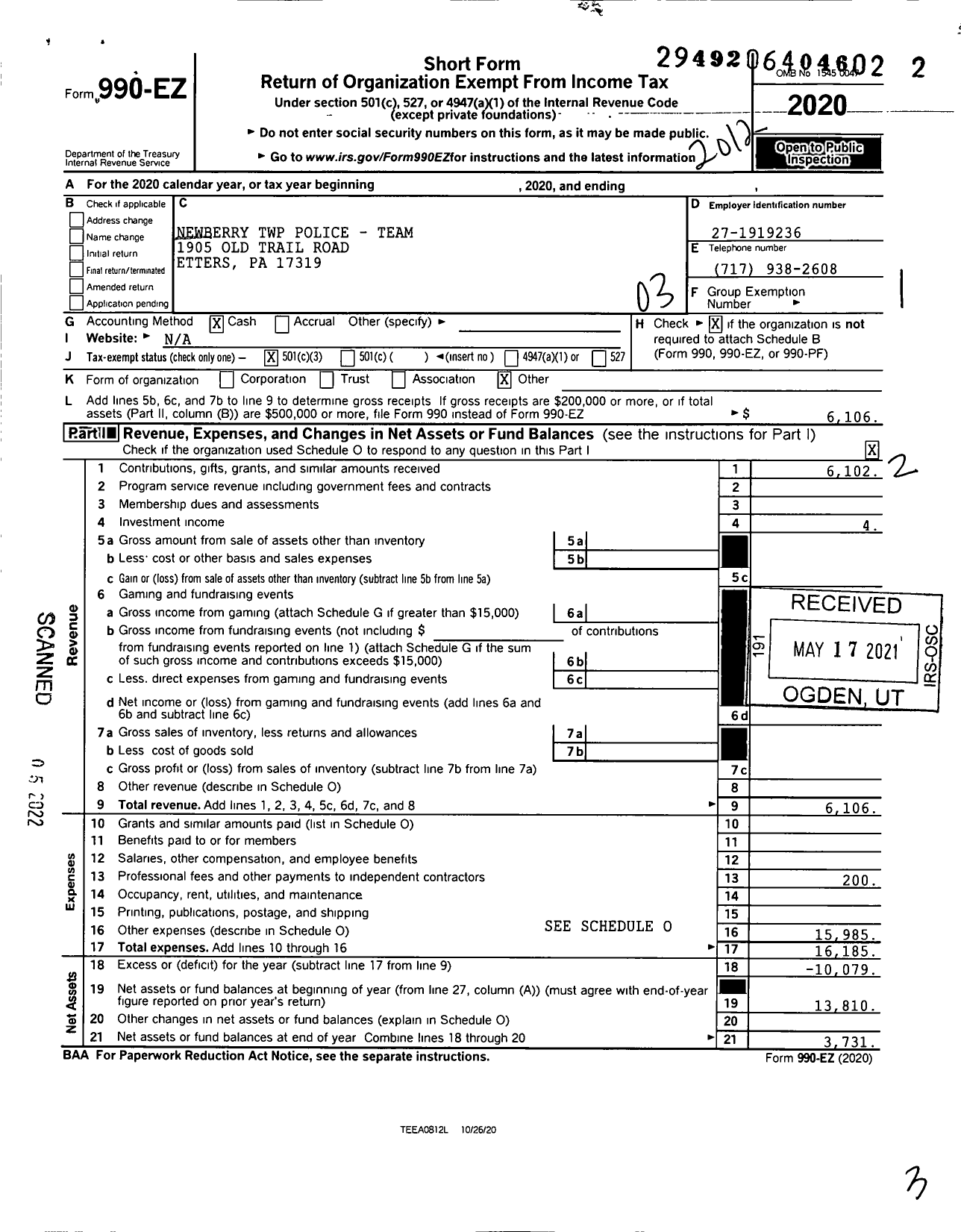 Image of first page of 2020 Form 990EZ for Newberry TWP Police- Team