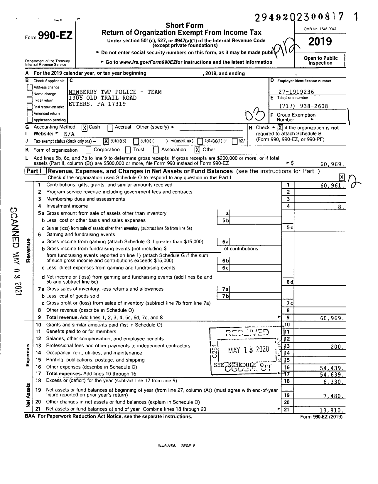 Image of first page of 2019 Form 990EZ for Newberry TWP Police- Team