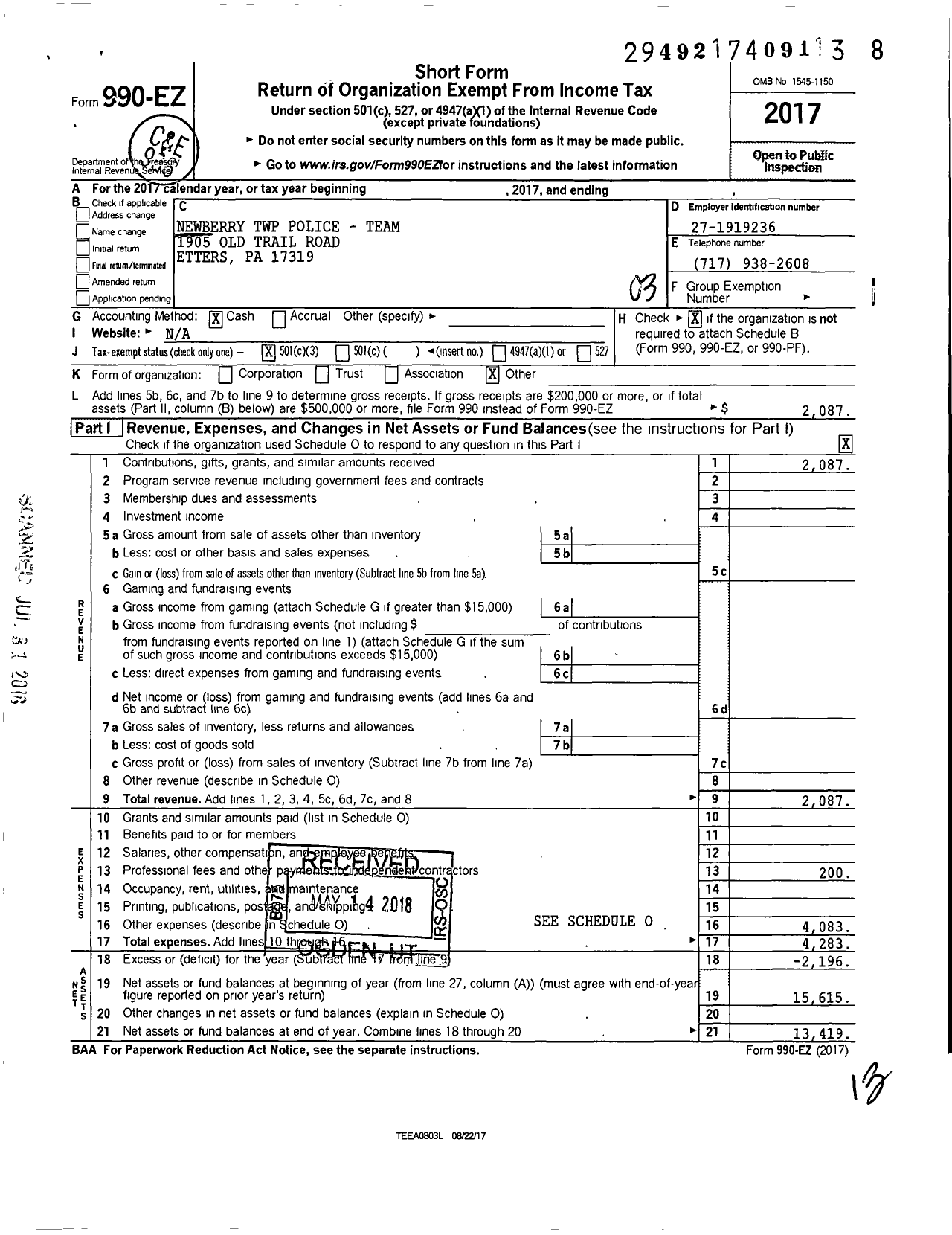 Image of first page of 2017 Form 990EZ for Newberry TWP Police- Team