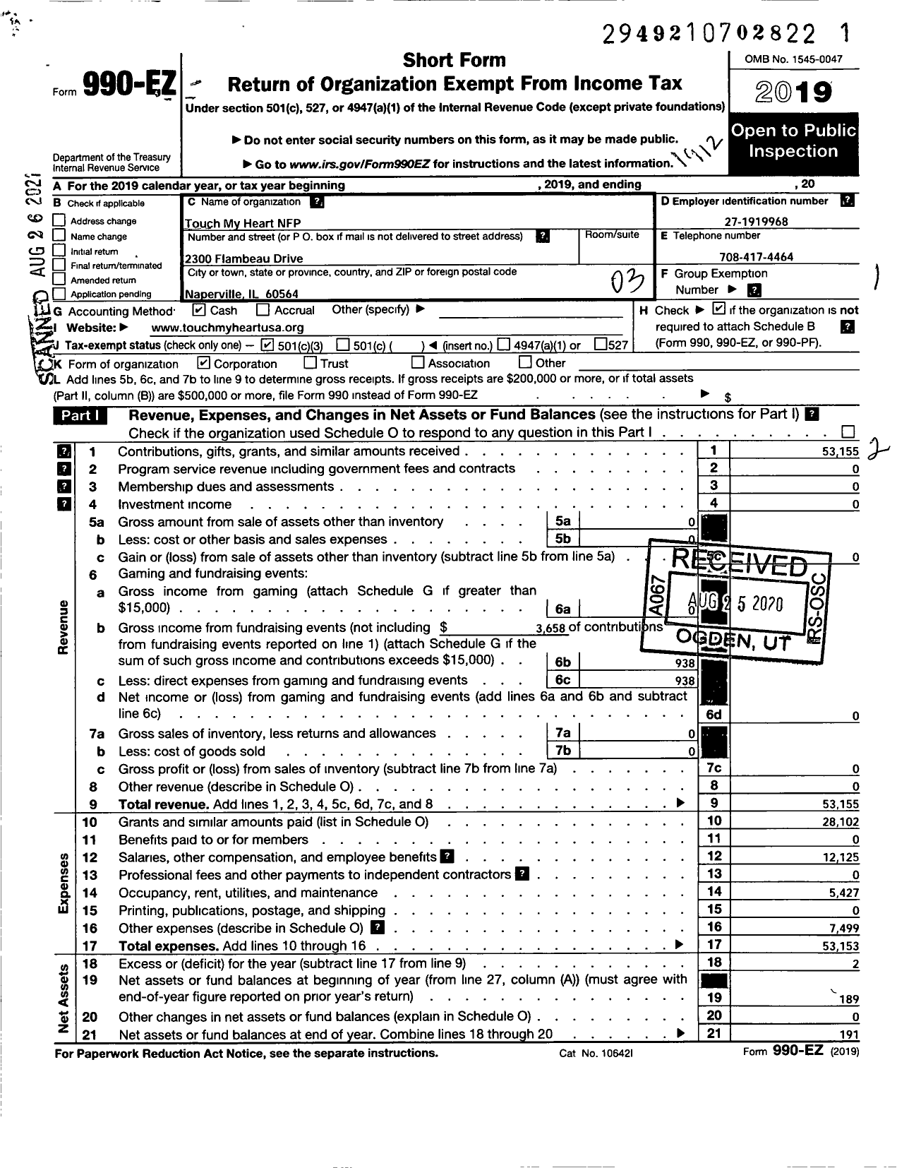 Image of first page of 2019 Form 990EZ for Touch My Heart NFP