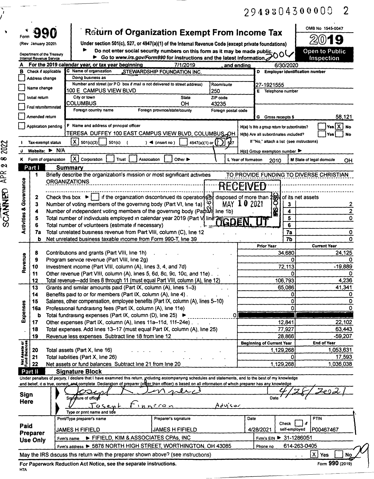 Image of first page of 2019 Form 990 for Stewardship Foundation