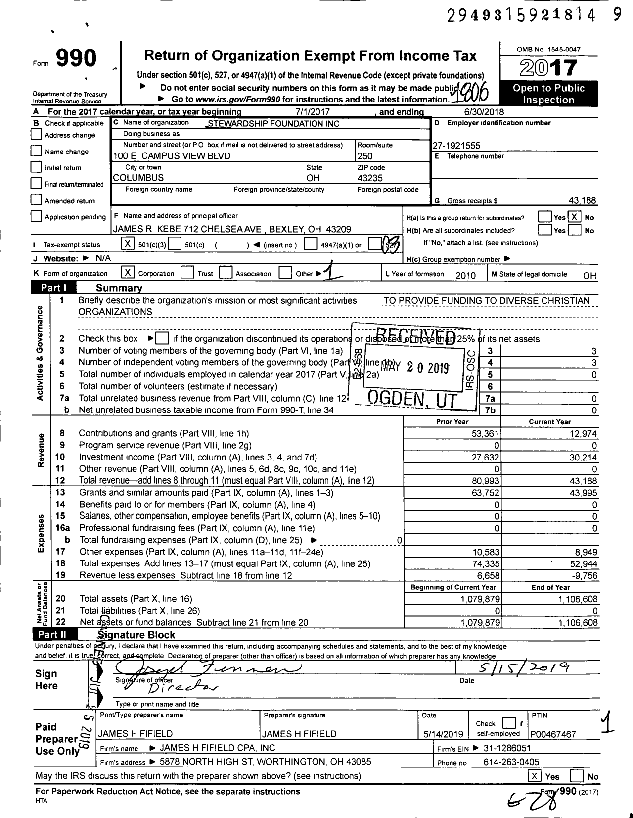 Image of first page of 2017 Form 990 for Stewardship Foundation