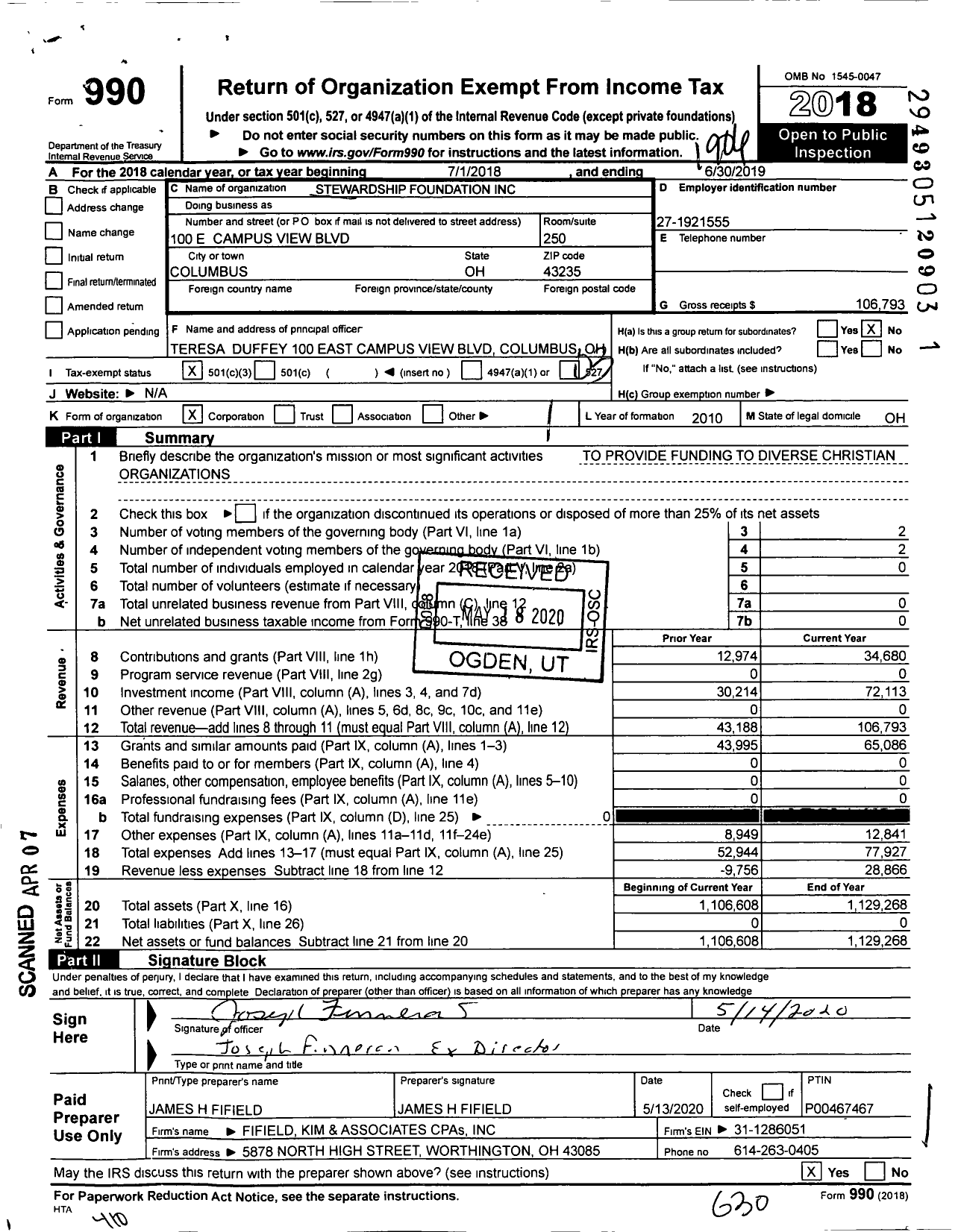 Image of first page of 2018 Form 990 for Stewardship Foundation