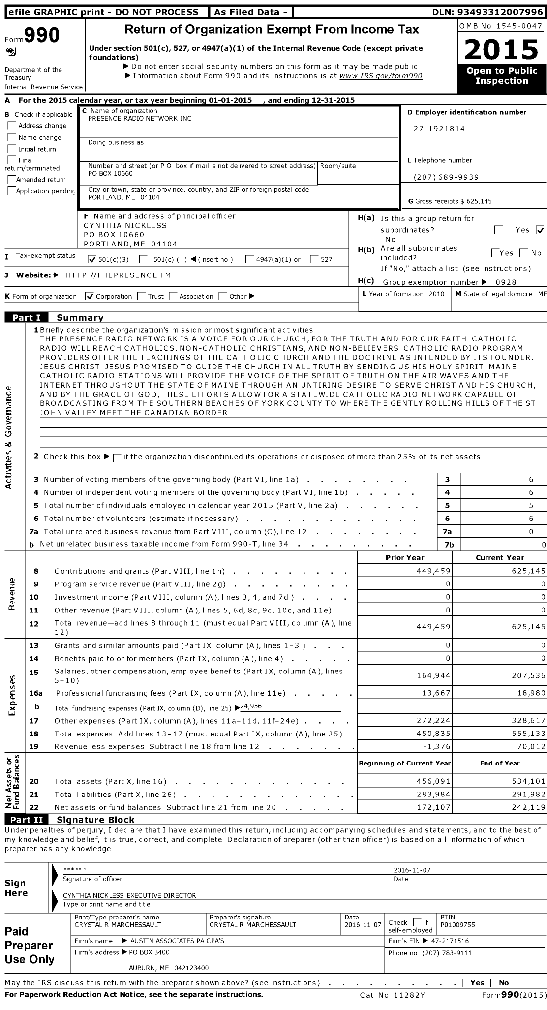 Image of first page of 2015 Form 990 for Presence Radio Network