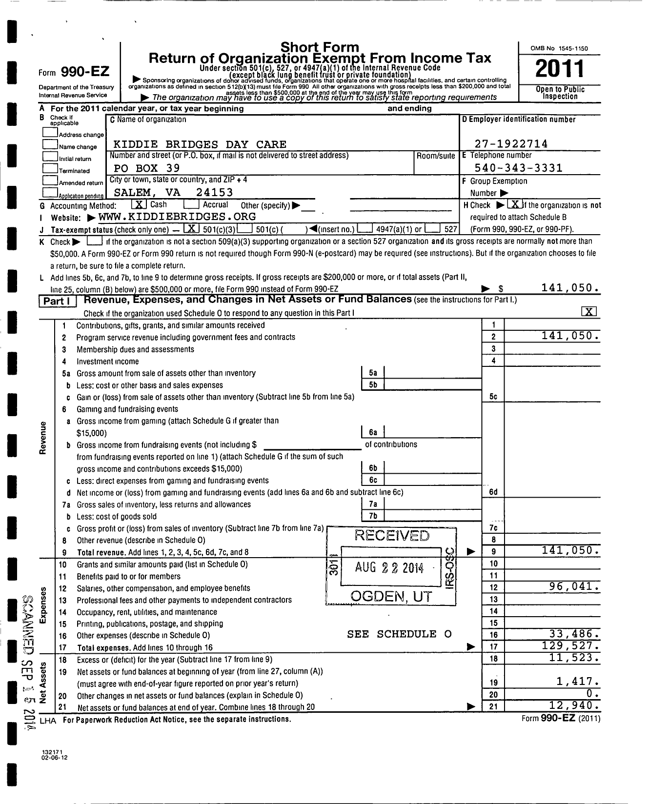 Image of first page of 2011 Form 990EZ for Kiddie Bridges Day Care