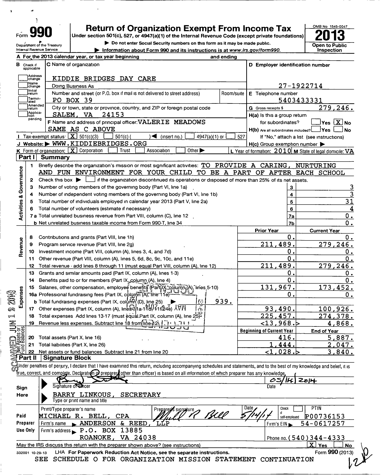 Image of first page of 2013 Form 990 for Kiddie Bridges Day Care