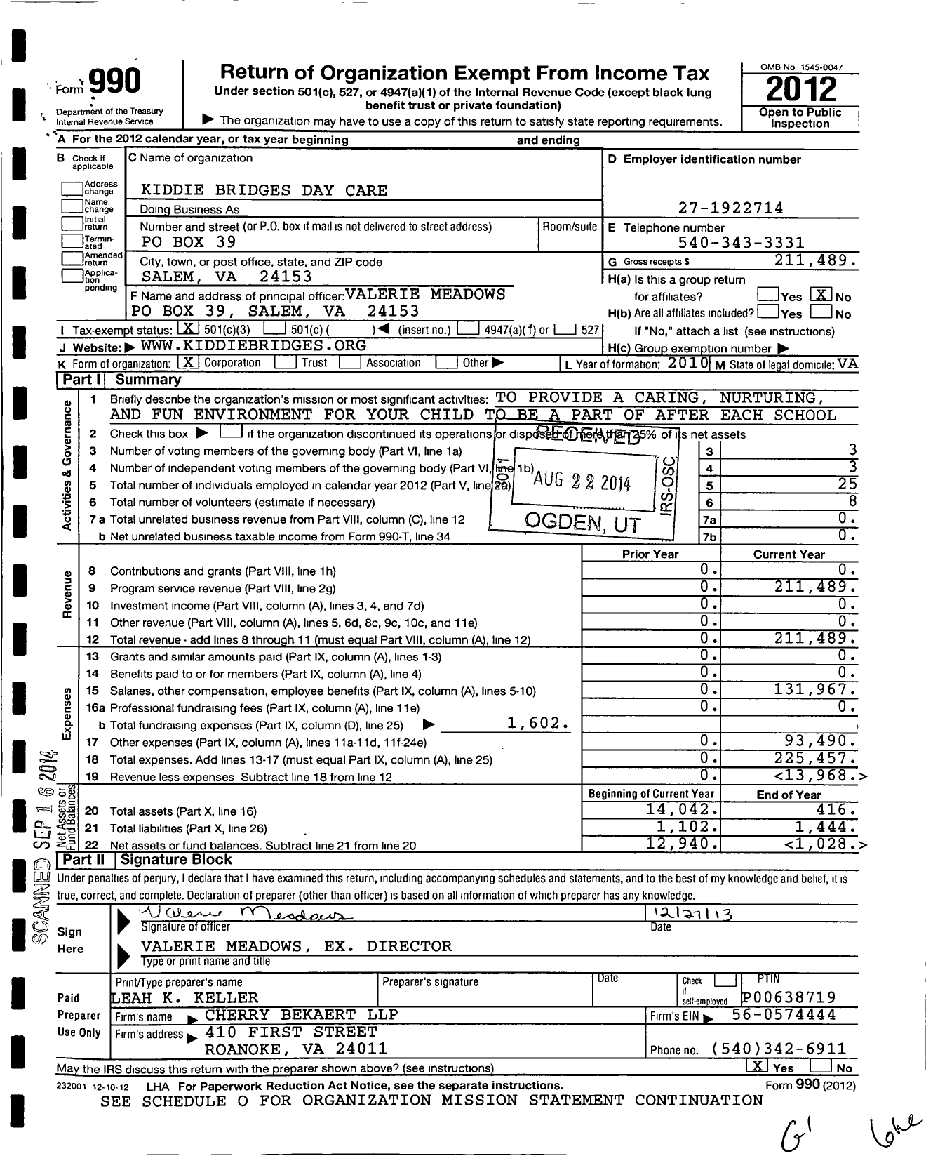 Image of first page of 2012 Form 990 for Kiddie Bridges Day Care