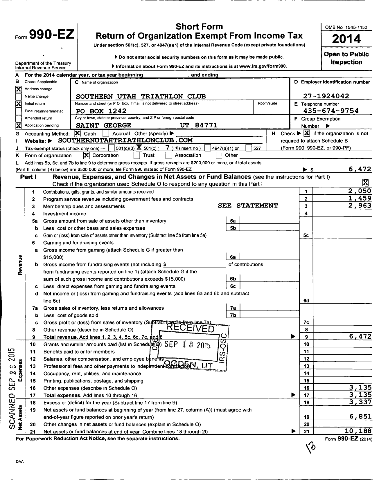 Image of first page of 2014 Form 990EO for Southern Utah Triathlon Club