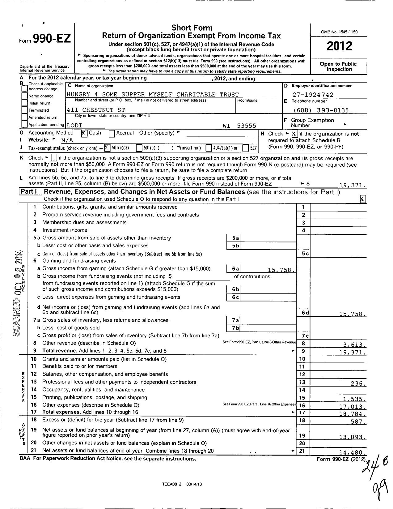 Image of first page of 2012 Form 990EZ for Hungry 4 Some Supper Myself