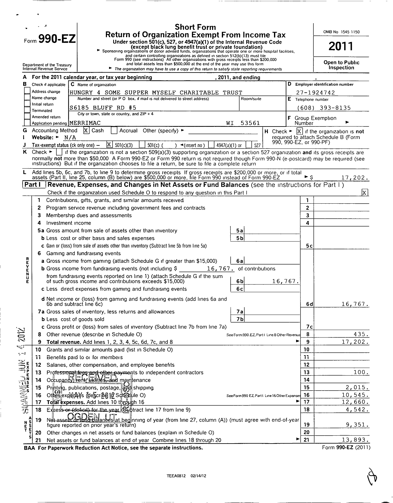 Image of first page of 2011 Form 990EZ for Hungry 4 Some Supper Myself