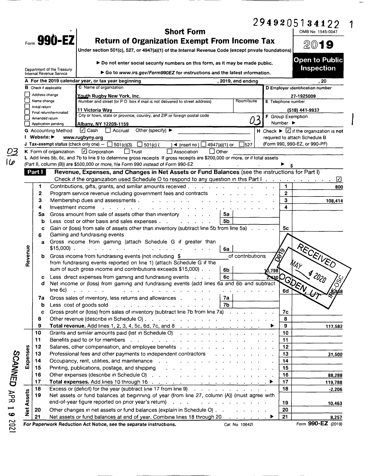 Image of first page of 2019 Form 990EZ for Youth Rugby New York