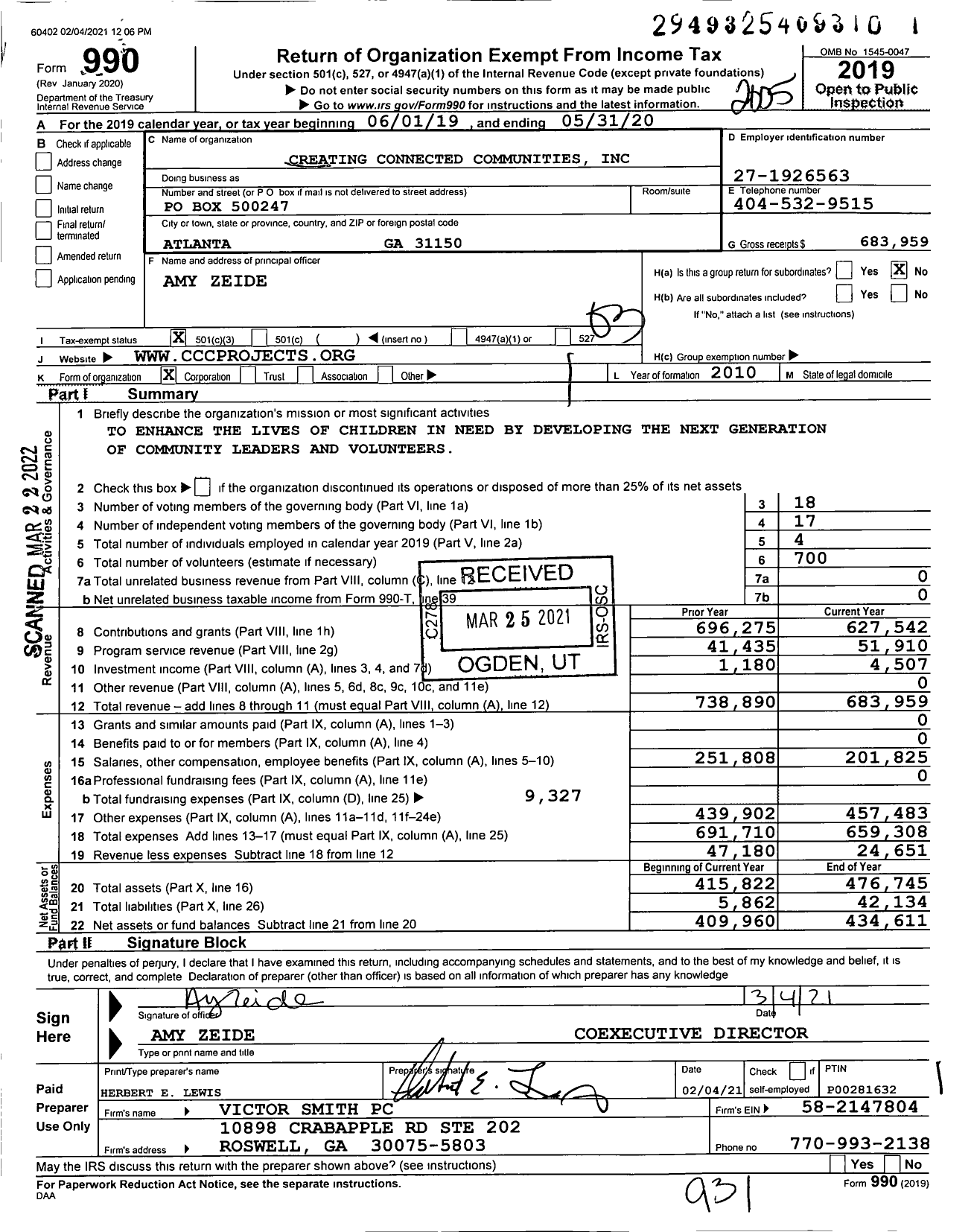 Image of first page of 2019 Form 990 for Creating Connected Communities