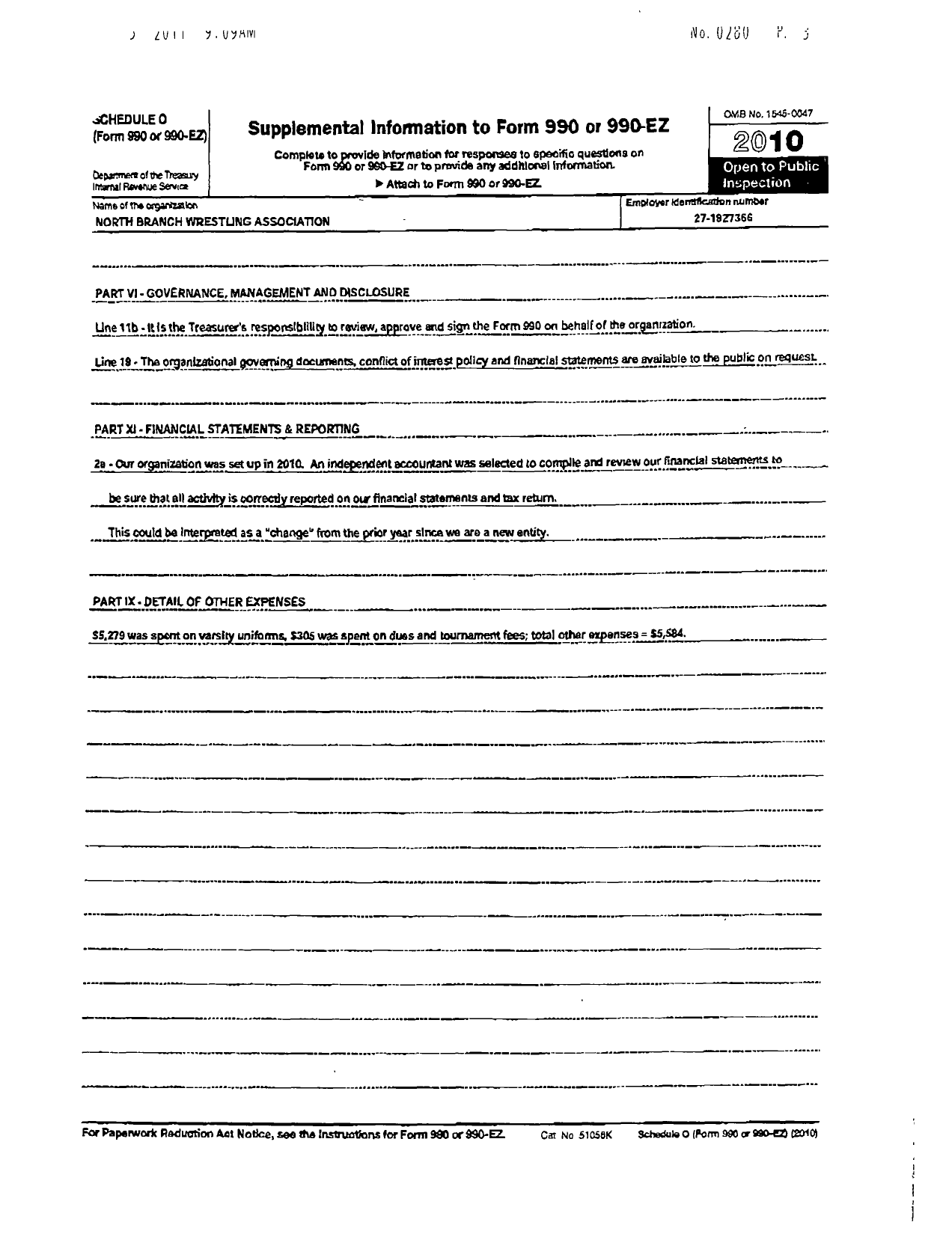 Image of first page of 2010 Form 990R for North Branch Wrestling Association