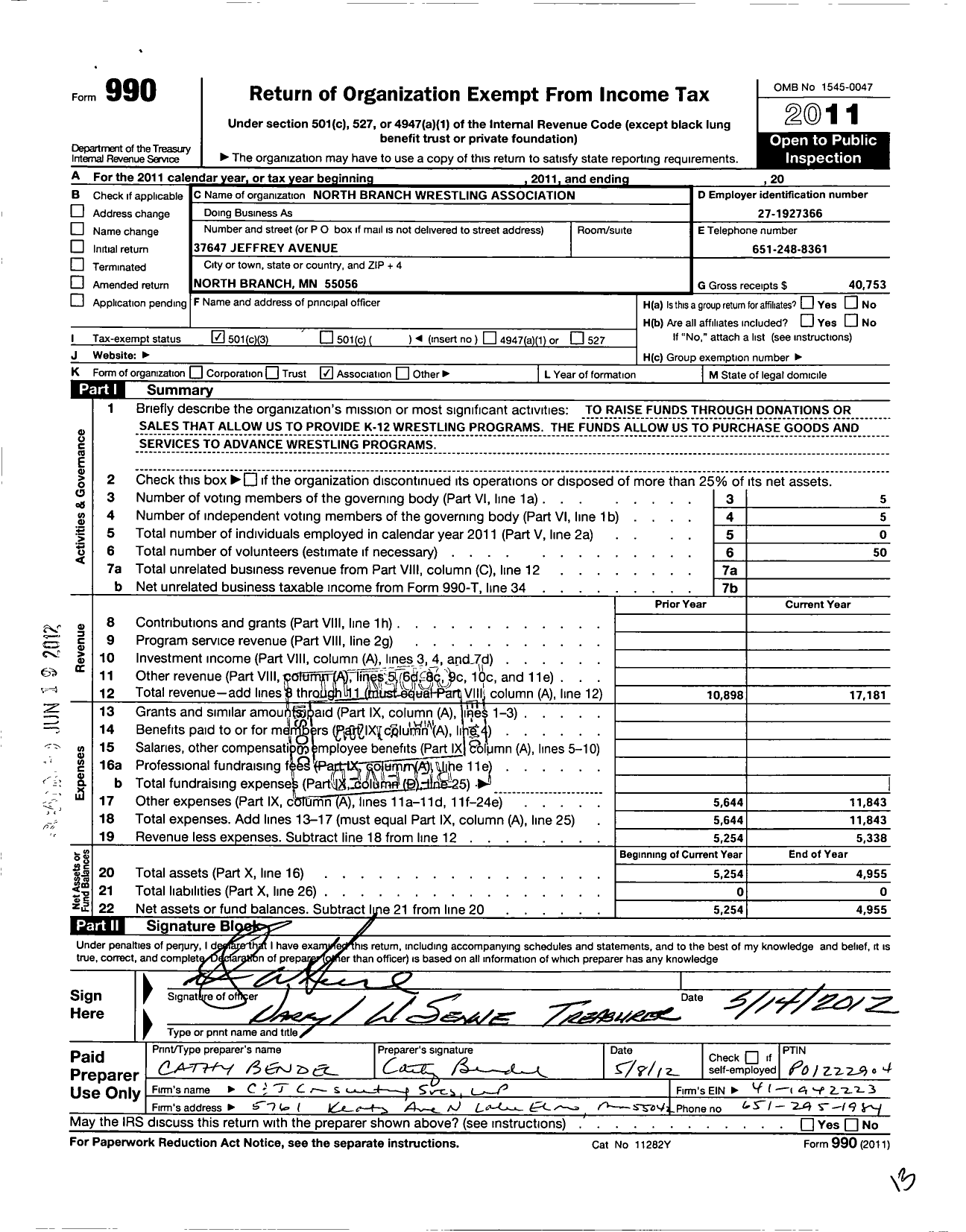 Image of first page of 2011 Form 990 for North Branch Wrestling Association