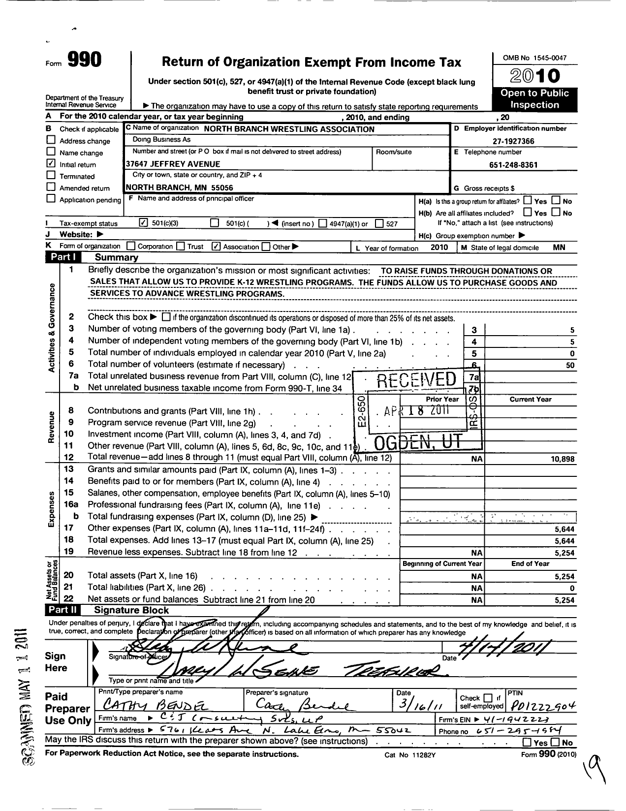 Image of first page of 2010 Form 990 for North Branch Wrestling Association