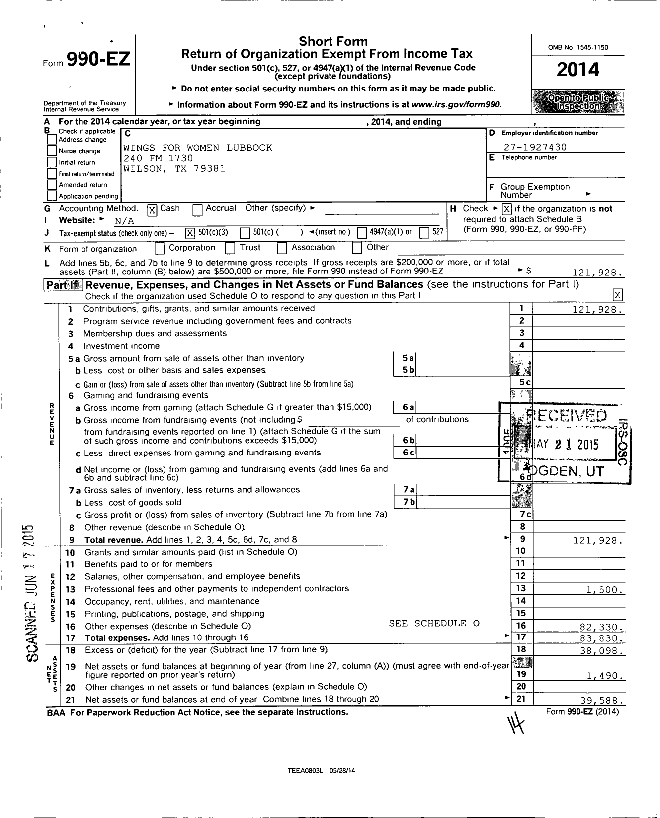 Image of first page of 2014 Form 990EZ for Wings for Women Lubbock