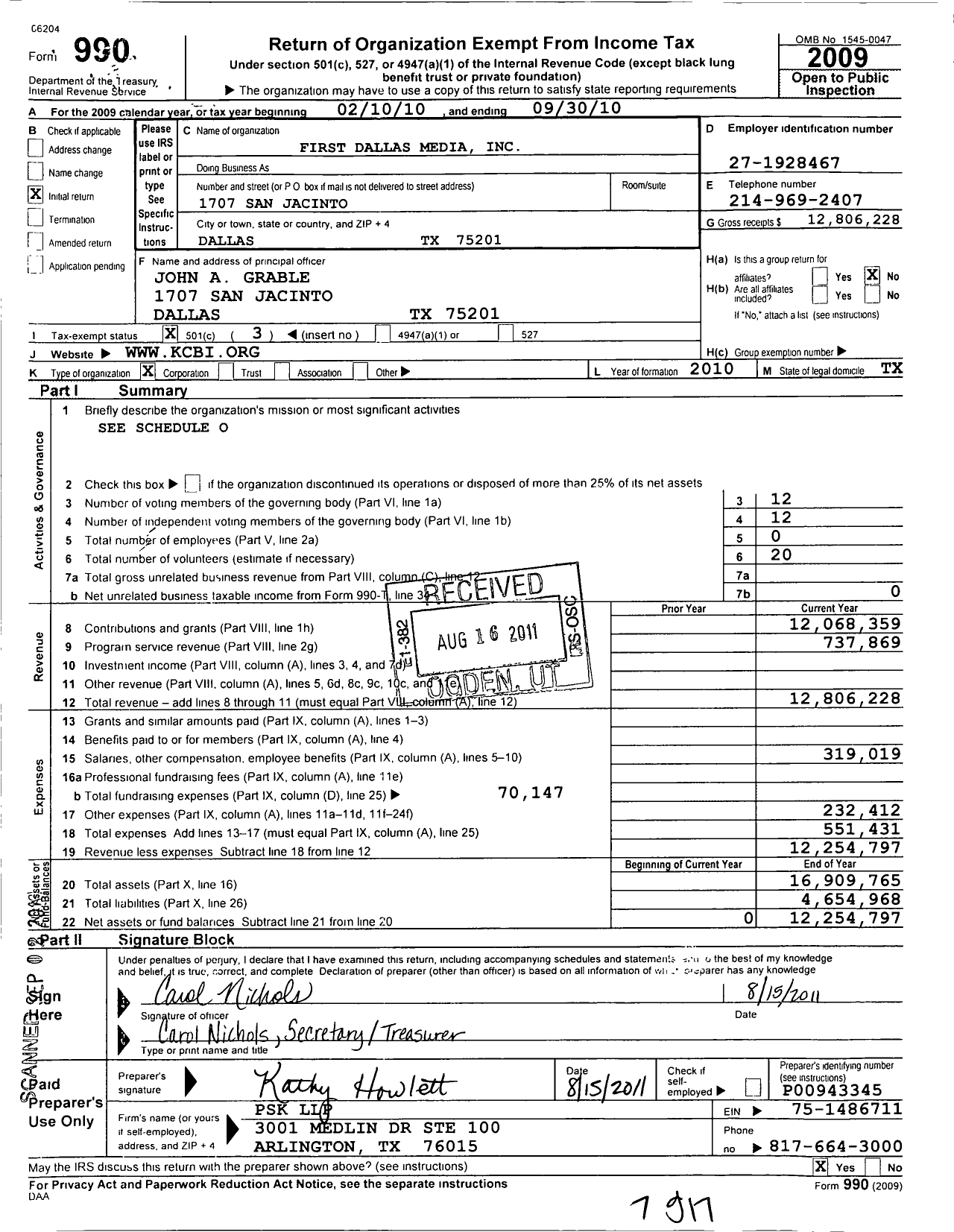 Image of first page of 2009 Form 990 for First Dallas Media