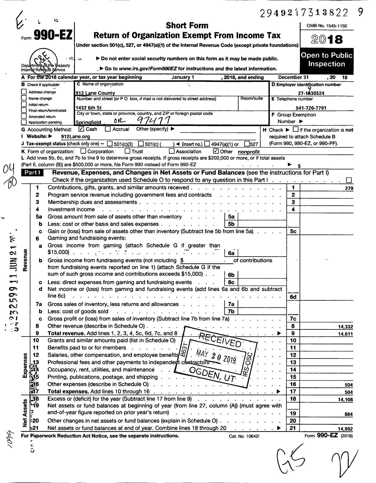 Image of first page of 2018 Form 990EO for 912 Lane County