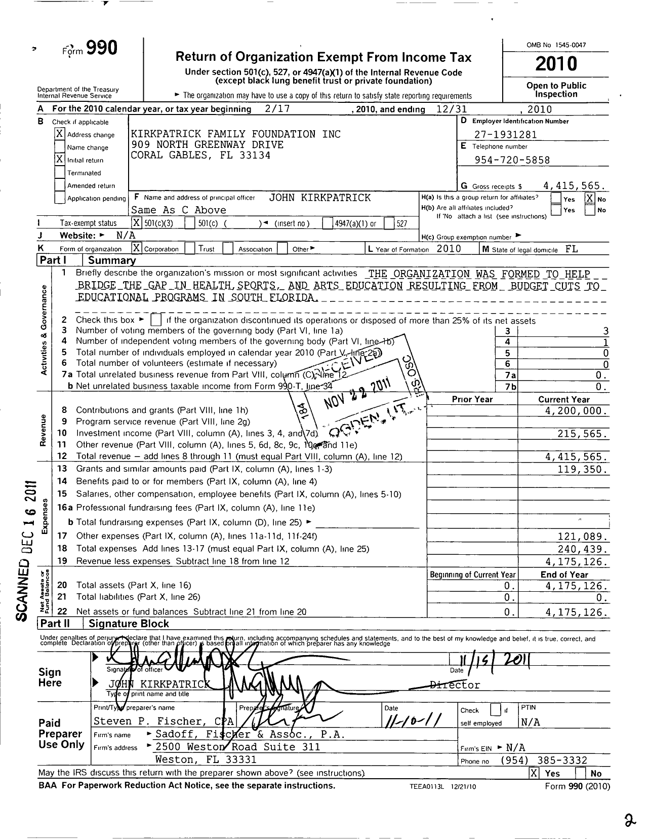 Image of first page of 2010 Form 990 for South Florida Childerns Charity