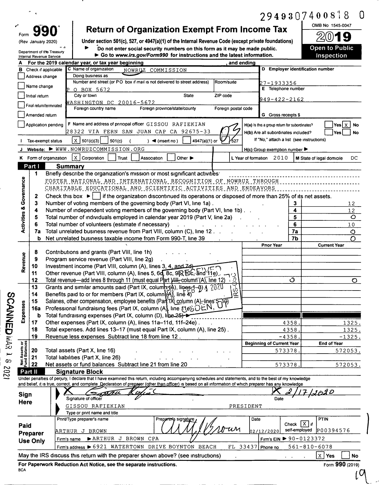 Image of first page of 2019 Form 990 for Nowruz Commission