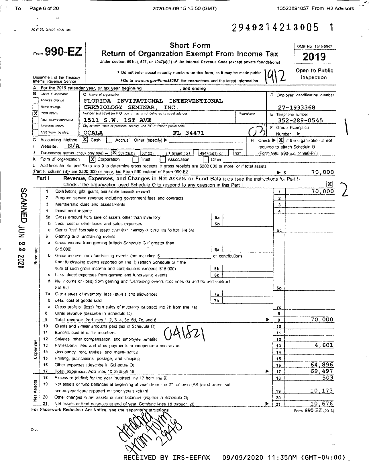 Image of first page of 2019 Form 990EZ for Florida Invitational Interventional Cardiology