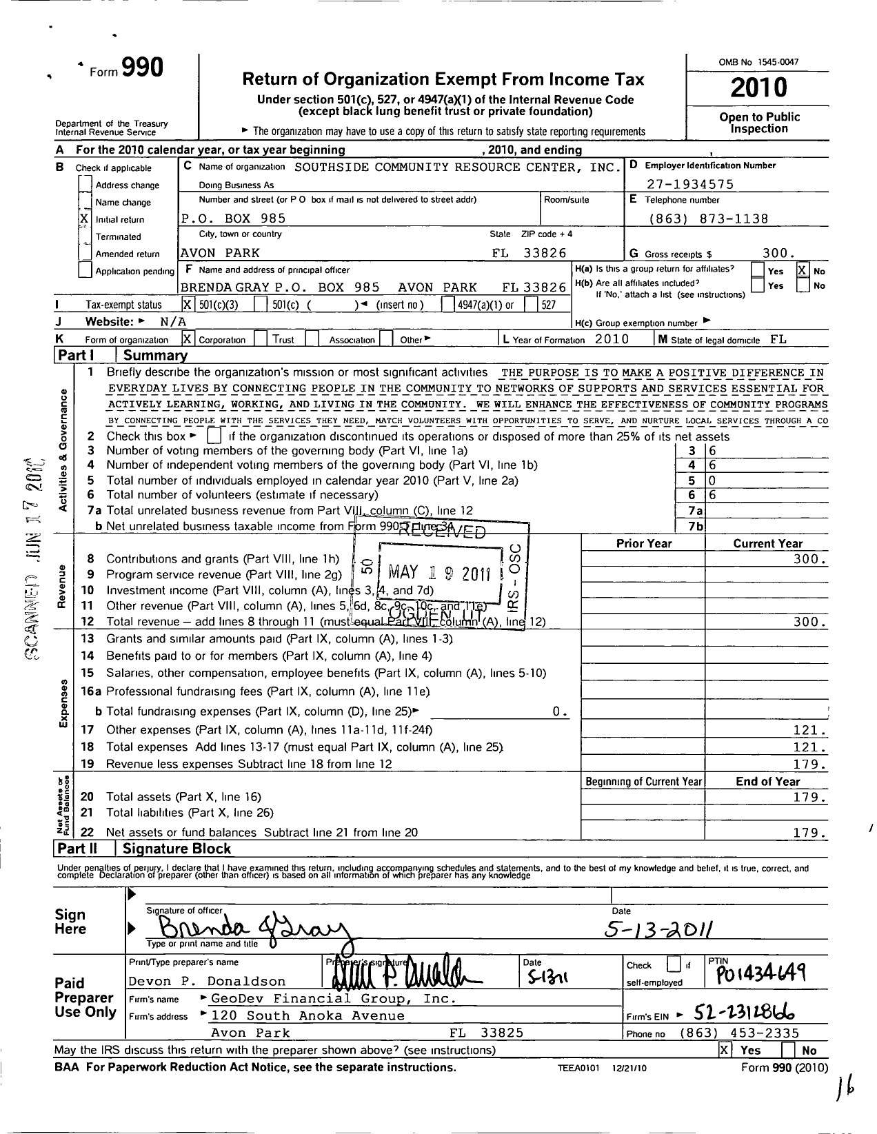 Image of first page of 2010 Form 990 for Southside Community Resource Center