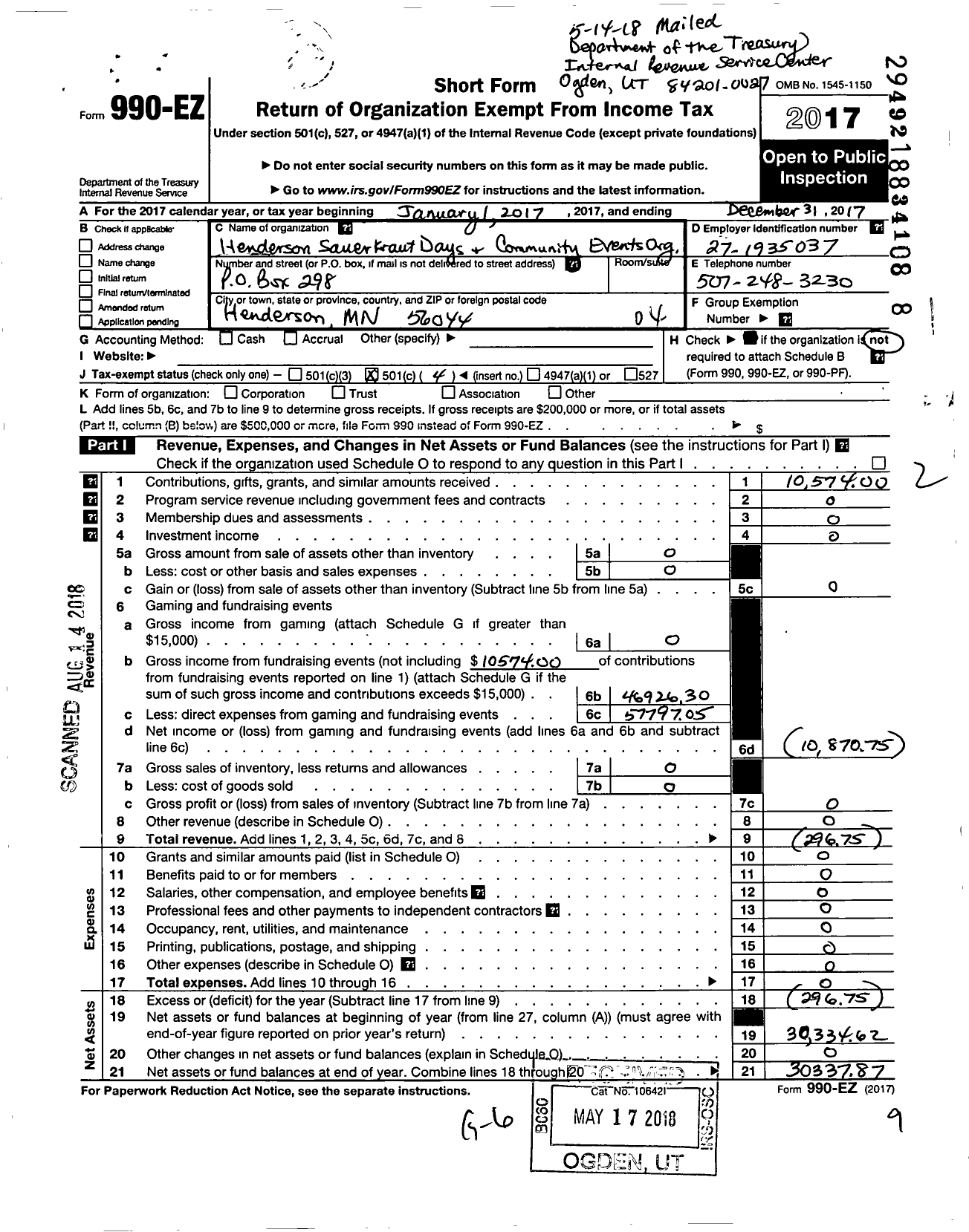 Image of first page of 2017 Form 990EO for Henderson Sauerkraut Days and Community Events Organization