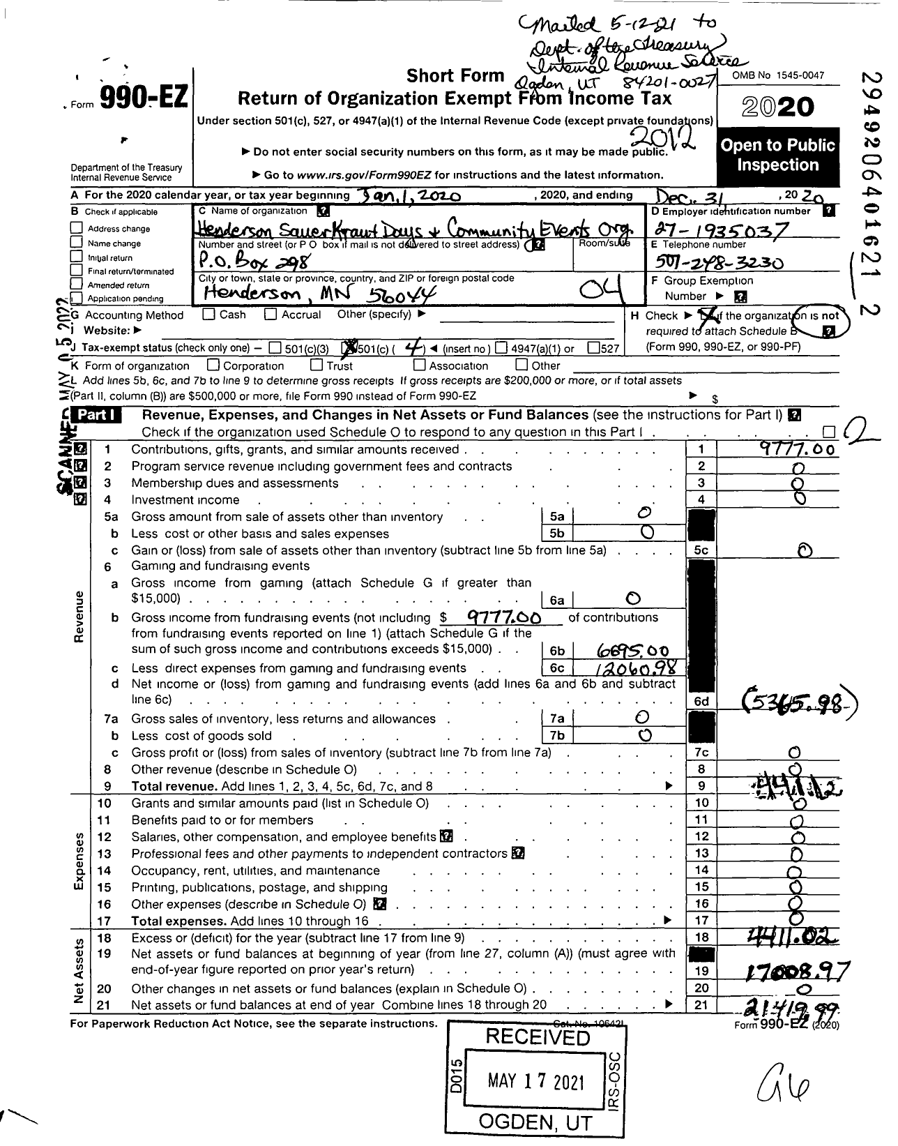 Image of first page of 2020 Form 990EO for Henderson Sauerkraut Days and Community Events Organization