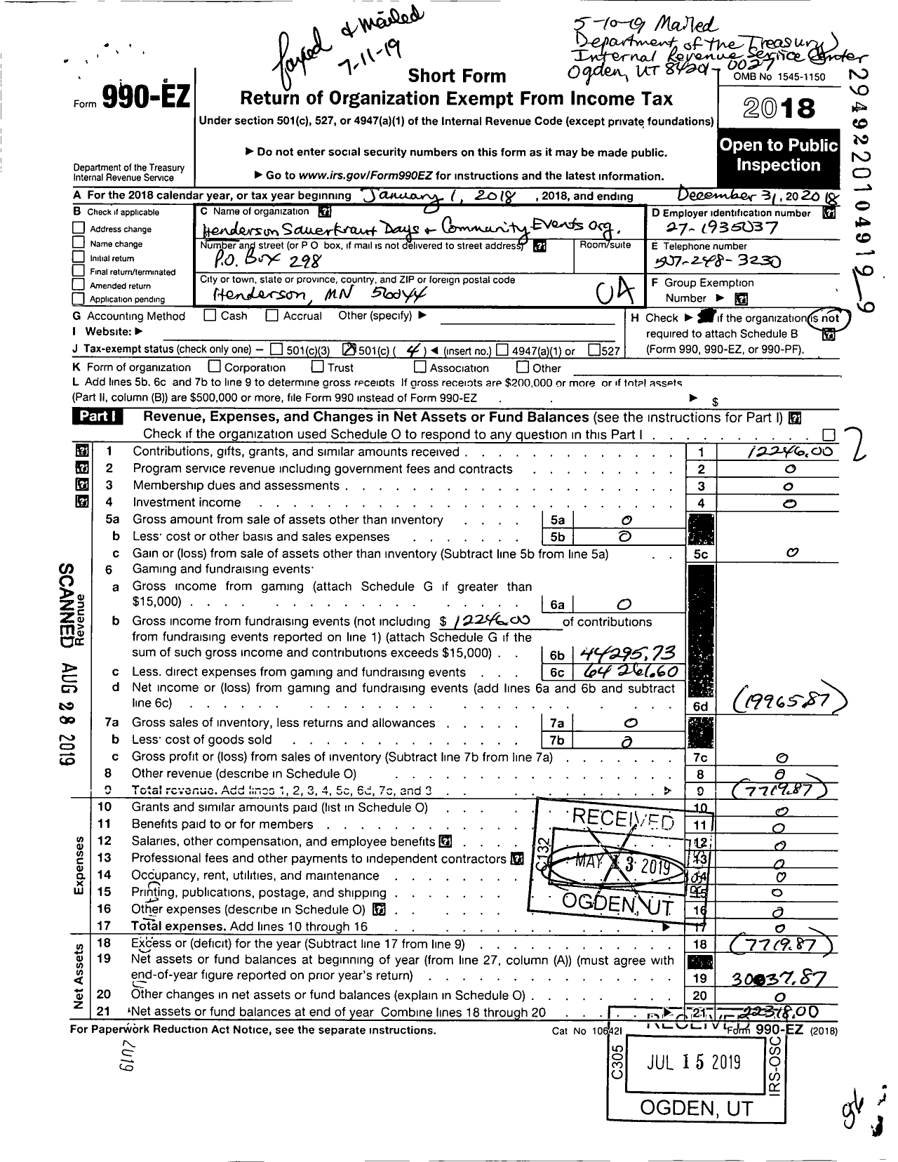 Image of first page of 2018 Form 990EO for Henderson Sauerkraut Days and Community Events Organization