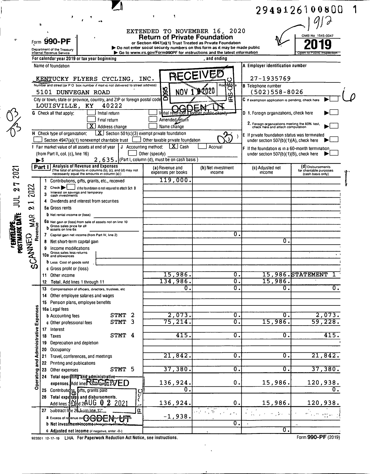 Image of first page of 2019 Form 990PF for Kentucky Flyers Cycling