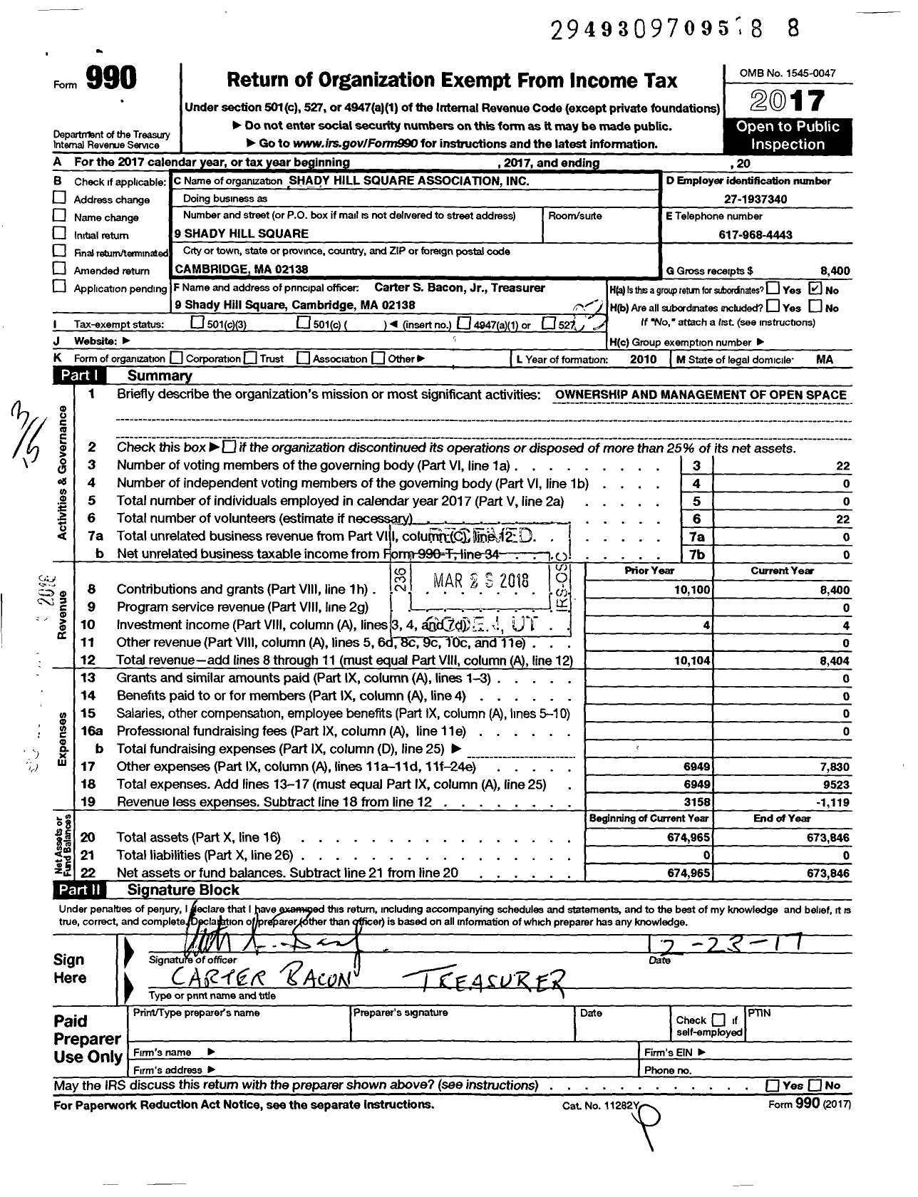 Image of first page of 2017 Form 990 for Shady Hill Square Association